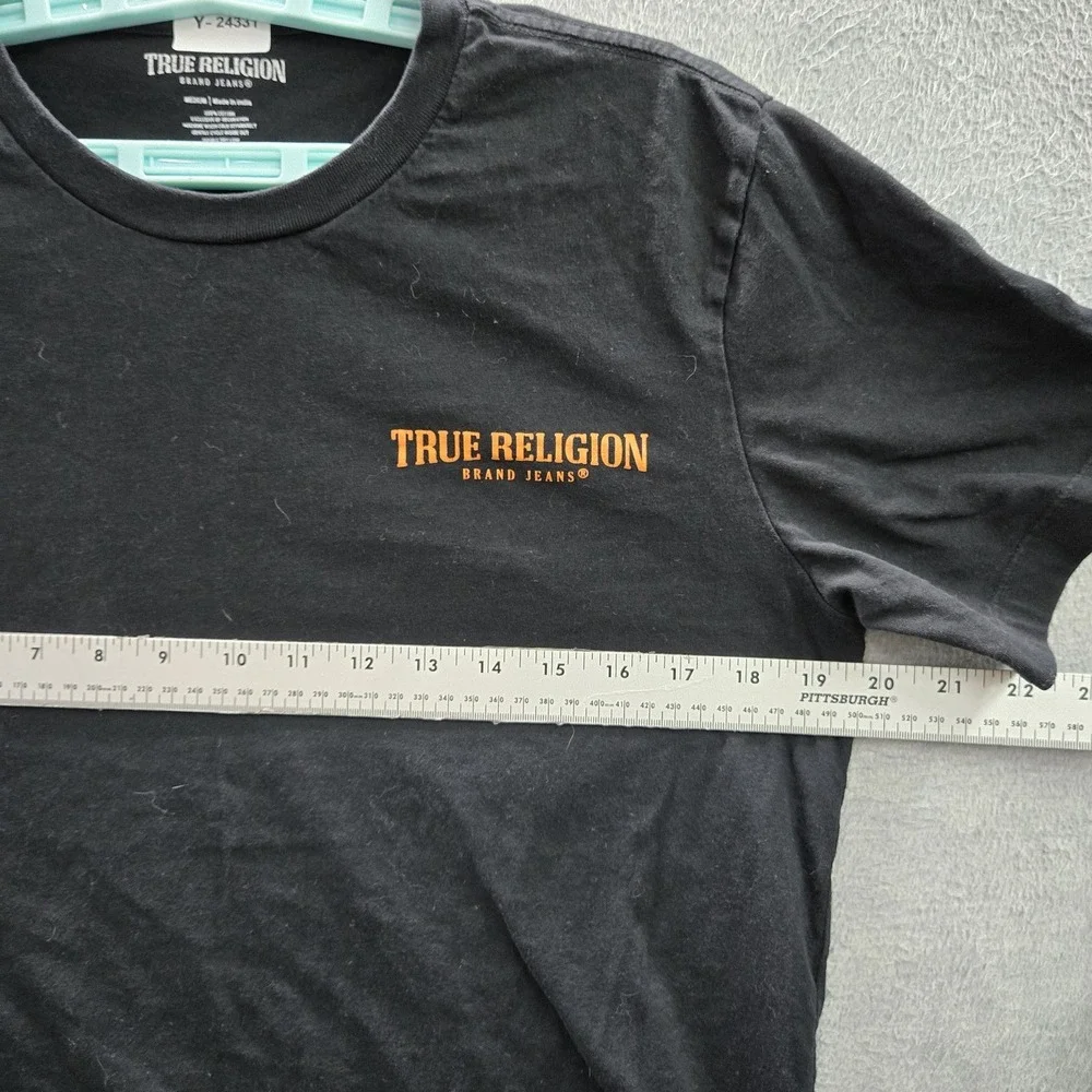 True Religion Men Shirt MEDIUM Black Graphic Print Buddha Guitar Logo